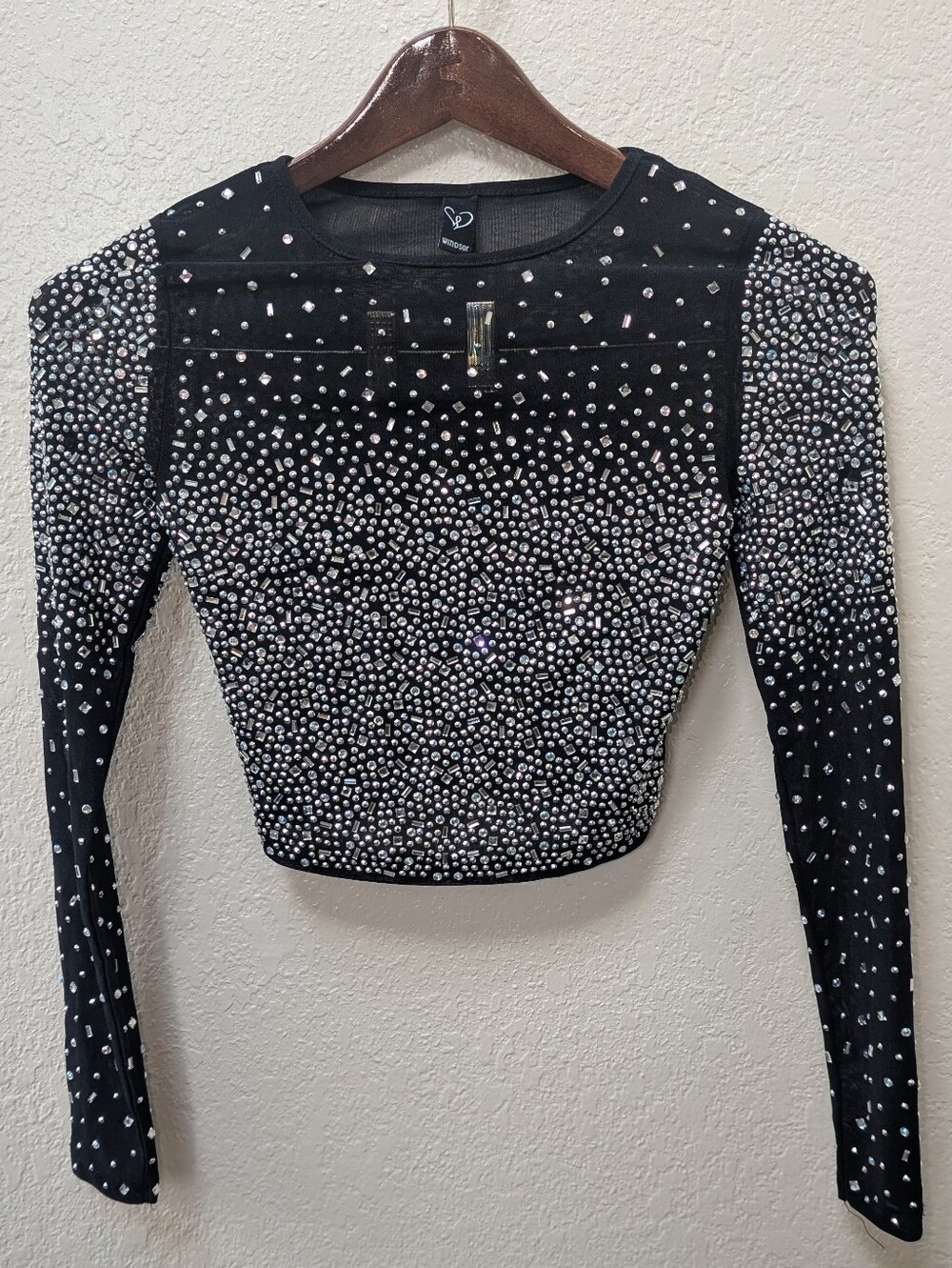 Windsor Rhinestone Embellished Black Crop Top W/ Sheer Mesh Fabric. Size Small